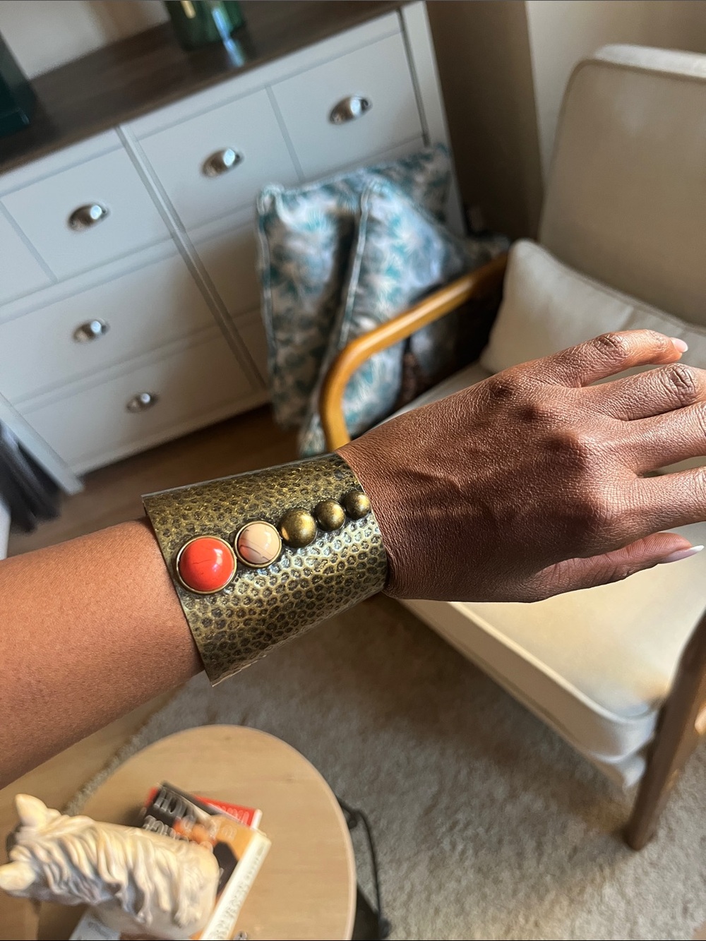 Hammered Brass Cuff Bracelet with Coral and Cream Accents